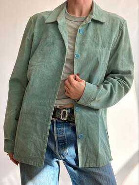 Bernardo Sea Foam Green Suede Button-Down Shirt/Jacket